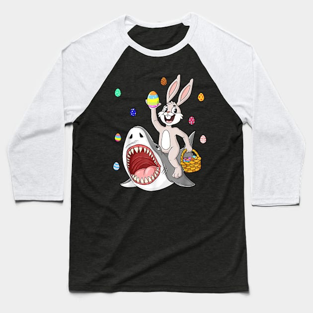 Easter Bunny Riding Shark Funny Eggs Basket Boys Girls Kids Baseball T-Shirt by Jennifer Wirth